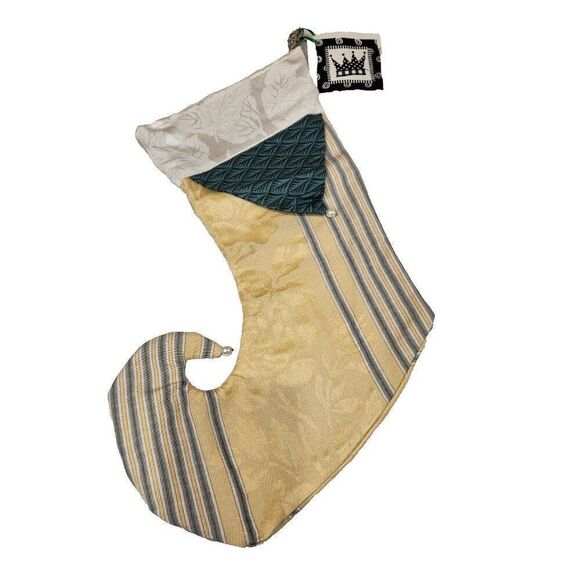 Vintage 90s Victorian Christmas Stocking Gold Green Damask - Picture 1 of 5